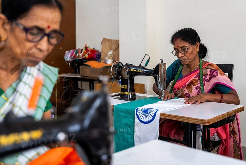 Employees of the Assam Khadi and Village Industries Board stitching in a manufacturing unit of Indian National Flags, ahead of 79th Independence Day, in Guwahati, India on 11 August 2025
