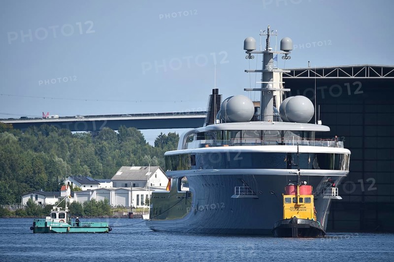 The new superyacht COSMOS leaves the Lürssen shipyard near Rendsburg for the Kiel Canal, Kielkanal, Kiel Canal, Schleswig-Holstein, Germany