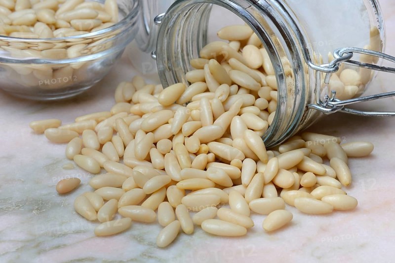 Pine nuts in glass containers, Pinus pinea