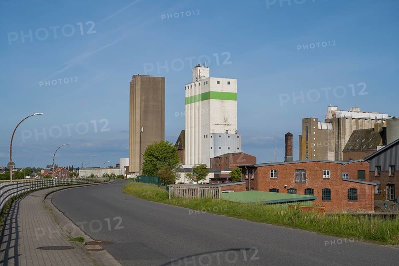 Grain silos, warehouses, land trade, outer harbour, Husum, North Frisia, North Sea, Schleswig-Holstein, Germany