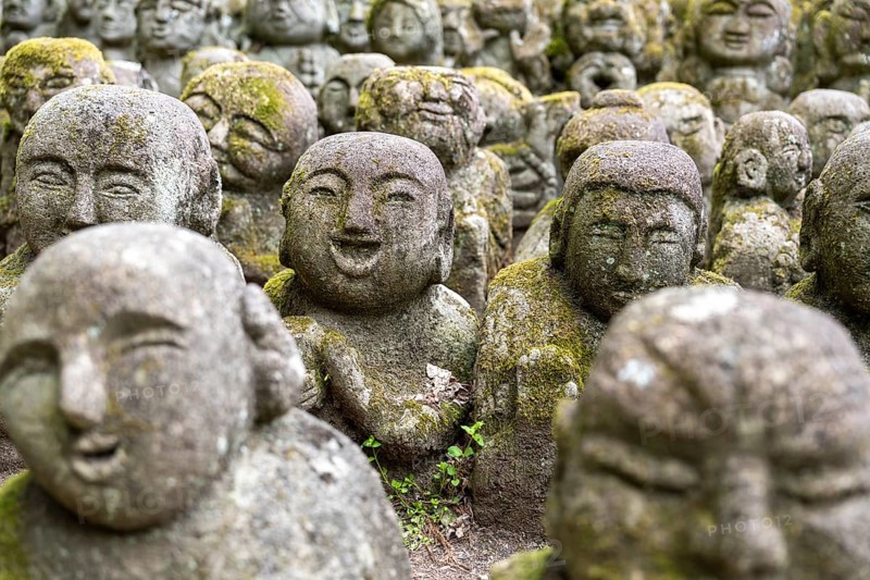 Rakan statues at Otagi Nenbutsuji Temple, stone, moss-covered, Ukyo-ku, Kyoto, Kyoto Prefecture, Japan