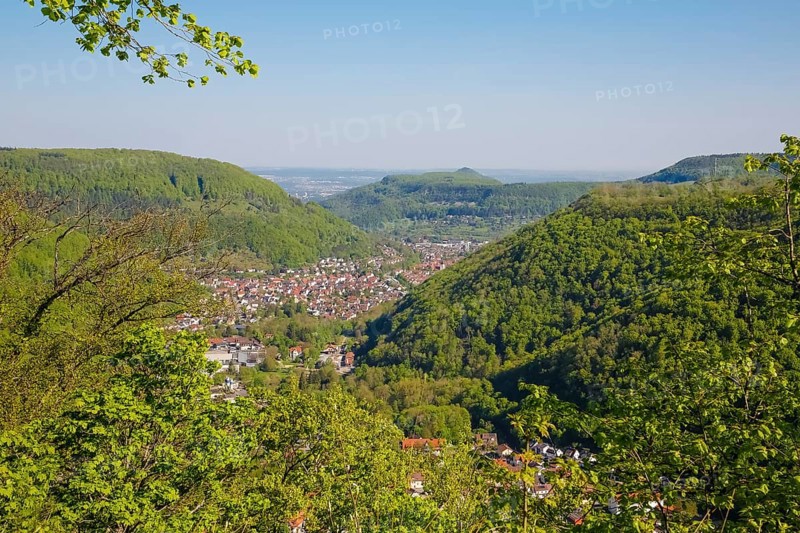 View from Lichtenstein Castle, view of the Echatztal valley, Honau, Unterhausen at the back, mountains, eaves of the Swabian Alb, Honau, municipality of Lichtenstein, Baden-Württemberg, Germany