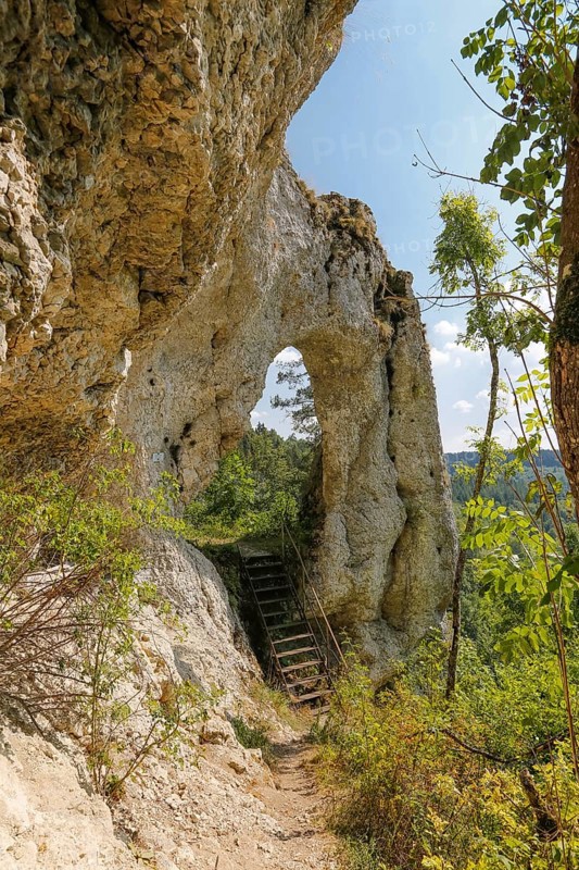 Teufelstorffelsen, Jura rock, gate-like breakthrough, stairs, natural monument between Gammertingen and Hettingen, Zollernalbkreis, Swabian Alb, Baden-Württemberg, Germany
