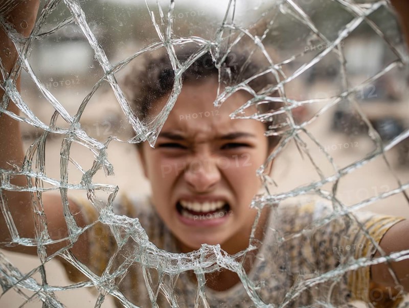 Ein Teenager schreit wütend durch eine kaputte Fensterscheibe, Aggressives Verhalten, Psychologie, Stressverhalten, Pubertät, Sozialverhalten, KI generiert