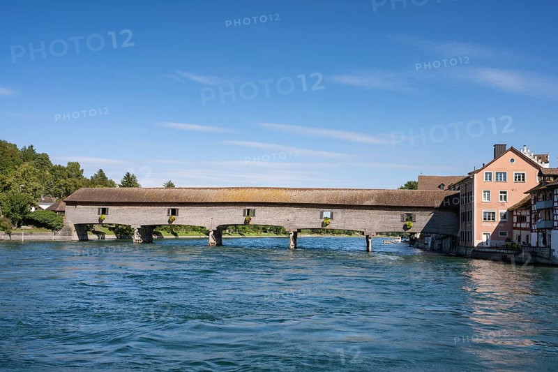 The historic wooden bridge over the Rhine was opened in 1816 and connects the German municipality of Gailingen and the Swiss municipality of Diessenhofen, Canton Thurgau, Switzerland