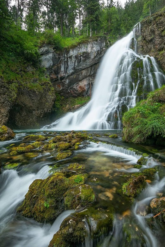 Summer nature experience at the Golling waterfall with lots of water, Golling an der Salzach, Austria
