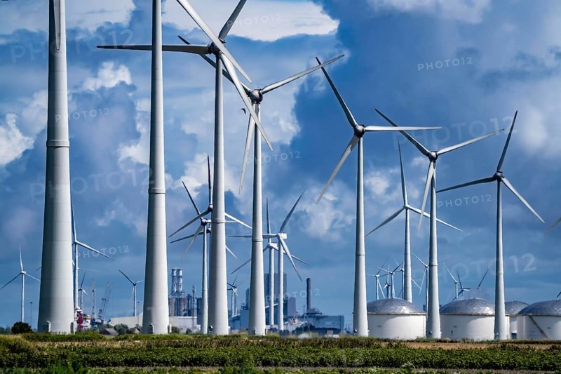 Wind farms Westereems and Growind, in the north of the Netherlands, near Eemshaven, energy centre, in addition to wind energy there are coal and gas-fired power plants and various energy infrastructure facilities, Netherlands