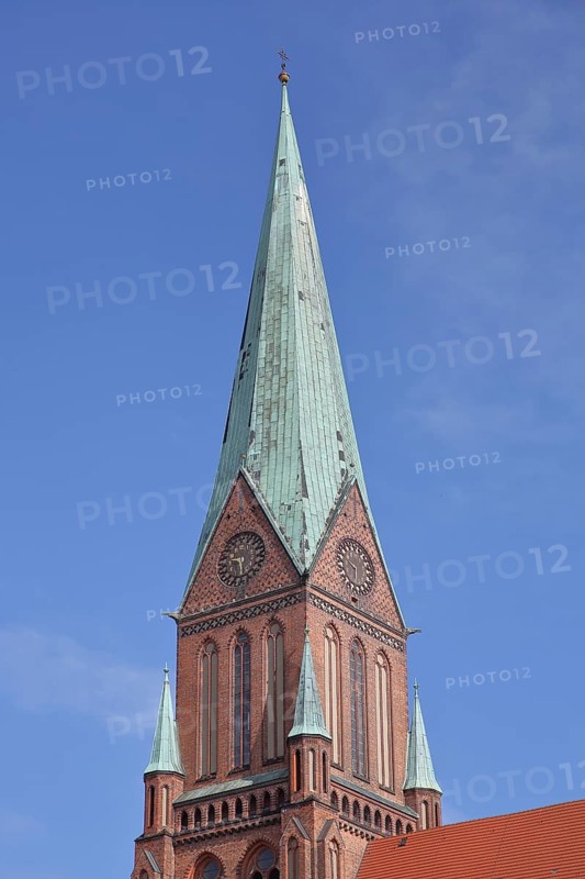 Tower of the UNESCO Gothic Cathedral of St Mary and St John, Brick Gothic, Brick church, Schwerin, Mecklenburg-Western Pomerania, Germany