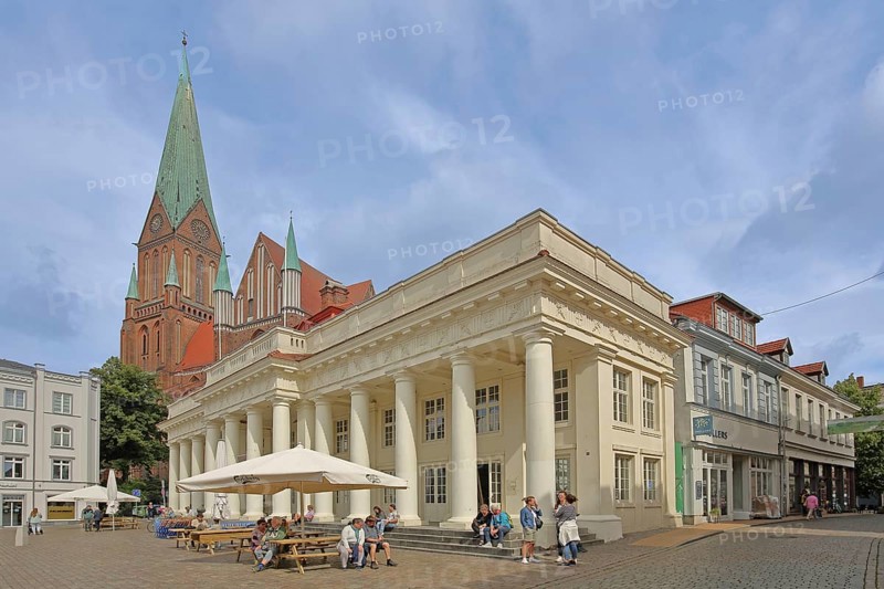 UNESCO Cathedral of St Mary and St John and New Building with Columns, Pedestrian, Columned building, Brick Gothic, Brick church, Am Markt, Schwerin, Mecklenburg-Western Pomerania, Germany