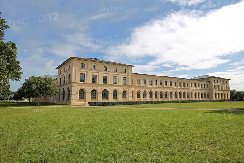 Classicist stables and ministry, lawn, park, Schwerin, Mecklenburg-Western Pomerania, Germany