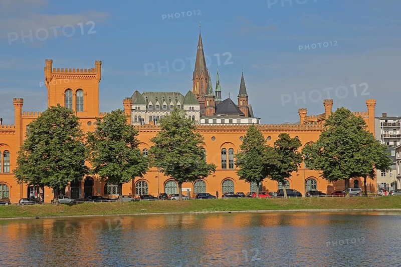 Pfaffenteich with arsenal, church tower of St Paul's Church, shore, lake, Schwerin, Mecklenburg-Western Pomerania, Germany