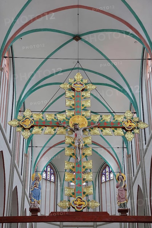 Gothic golden triumphal cross from 1420 with church patron Saint John the Apostle and Mary in the UNESCO Cathedral of St Mary and St John, interior photo, Schwerin, Mecklenburg-Western Pomerania, Germany
