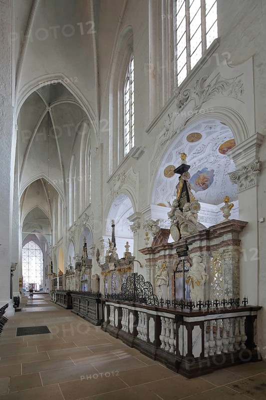 Side aisle with tombs from the Gothic cathedral, interior view, tombs, Lübeck, Schleswig-Holstein, Germany