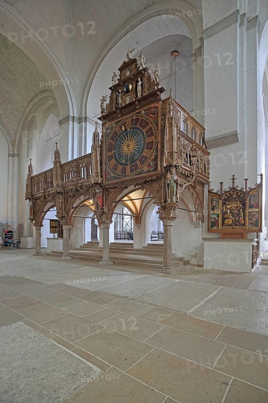 Rood screen with Gothic clock built in 1477, interior view, church clock, Lübeck Cathedral, Schleswig-Holstein, Germany
