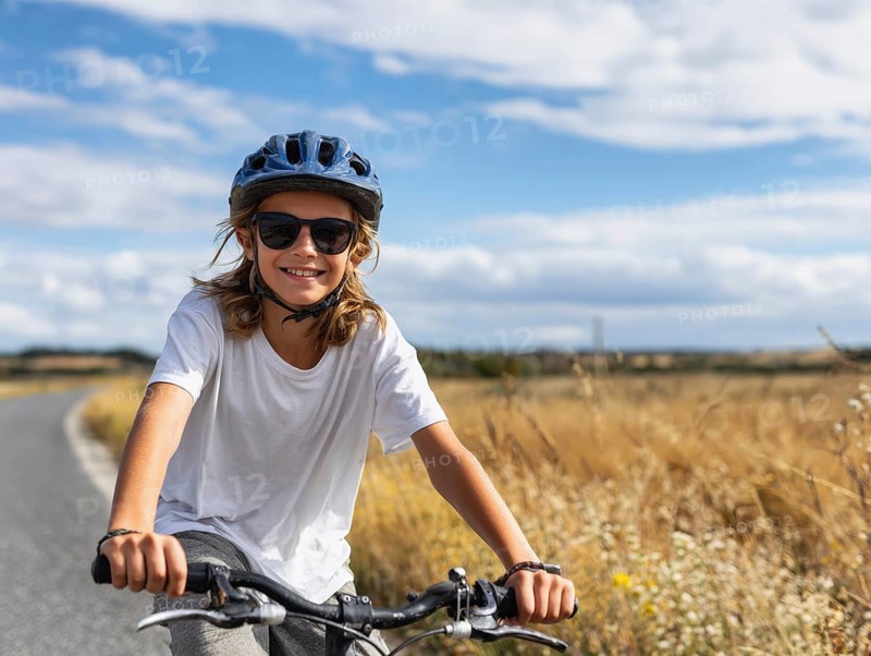 A girl with a bicycle helmet rides a bicycle and smiles friendly into the camera, AI generated, AI generated