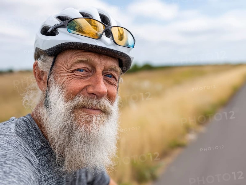 A man, senior citizen with a bicycle helmet rides on a bicycle and smiles friendly into the camera, AI generated, AI generated