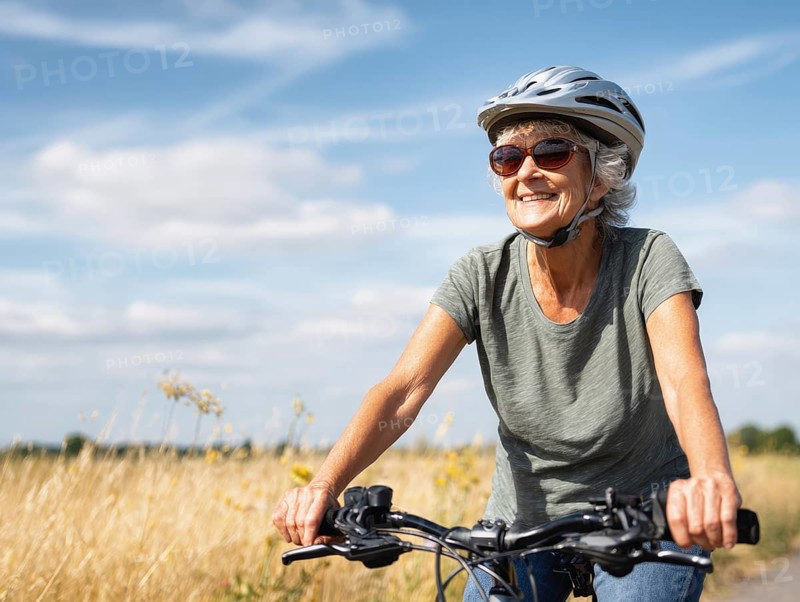 An elderly lady, a senior citizen with a bicycle helmet, rides a bicycle and smiles in a friendly manner, AI generated, AI generated