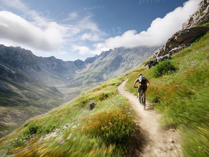 A single mountain biker quickly rides a trail in the high mountains, motion blur, AI generated, AI generated