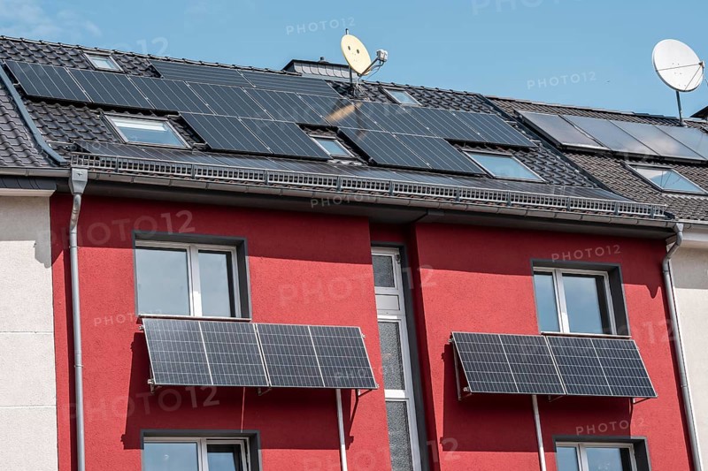 Residential building with photovoltaic modules on the façade and roof, North Rhine-Westphalia, Germany
