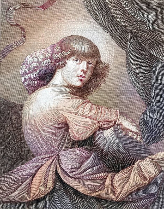 Angel making music with a guitar, A boy with curly hair looks at the viewer, in a colourful robe, after a painting by Melozzo da Forli, digitally restored reproduction of an old original, Historical, exact date unknown