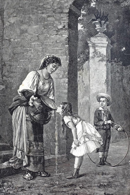 Great Thirst, Woman Letting Girl Drink Water from a Large Jug, c. 1860, A woman pouring water while a girl drinks, a boy with a tyre in the background, Florence, after a painting by Niccolò Cecconi, digitally restored reproduction of an old original, historical, exact date unknown