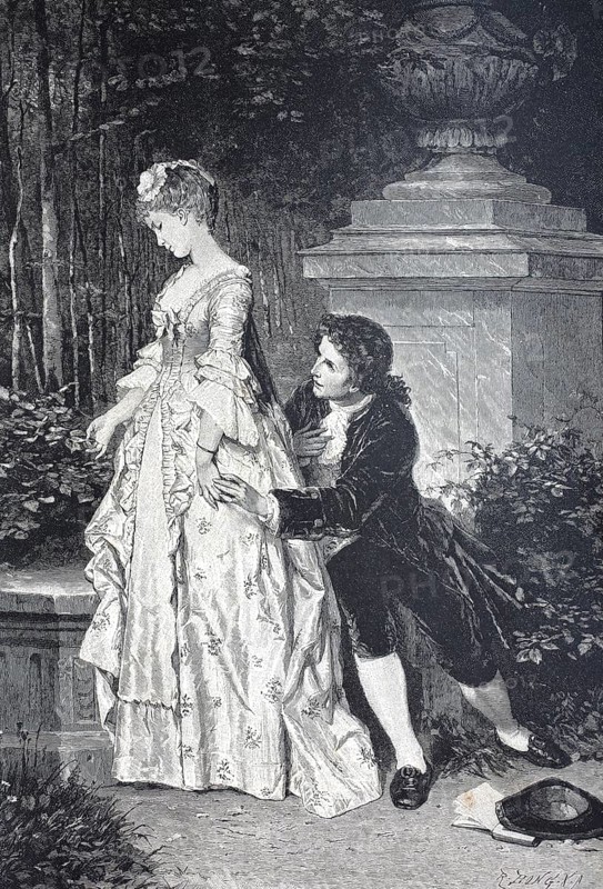 Difficult decision, young man proposes to a woman who has not yet decided whether she wants it, A man kneels in front of a woman in an elegant dress in a wooded garden, c. 1850, France, Digitally restored reproduction of an old original, Historical, exact date unknown