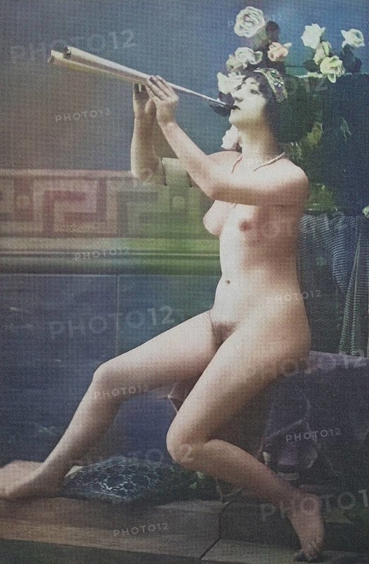 Female nude from around 1899, erotic postcard, Playgirl, Naked woman playing flute, surrounded by flowers in antique style, coloured, reproduction from a photo around the turn of the century, historical, digitally restored reproduction of an old original, exact date unknown