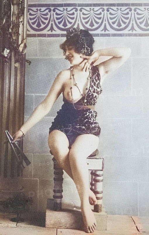 Female nude from around 1899, erotic postcard, playgirl, woman in antique styling with leopard print dress, fan in hand, coloured, reproduction from a photo around the turn of the century, historical, digitally restored reproduction of an old original, exact date unknown