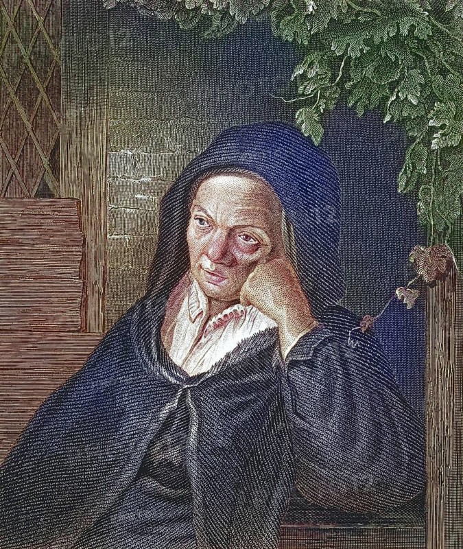 The mother of the painter Adriaen van Ostade, Pensive woman in a black headscarf, melancholic mood at the window, after a painting by himself, digitally restored reproduction of an old original, historical, exact date unknown