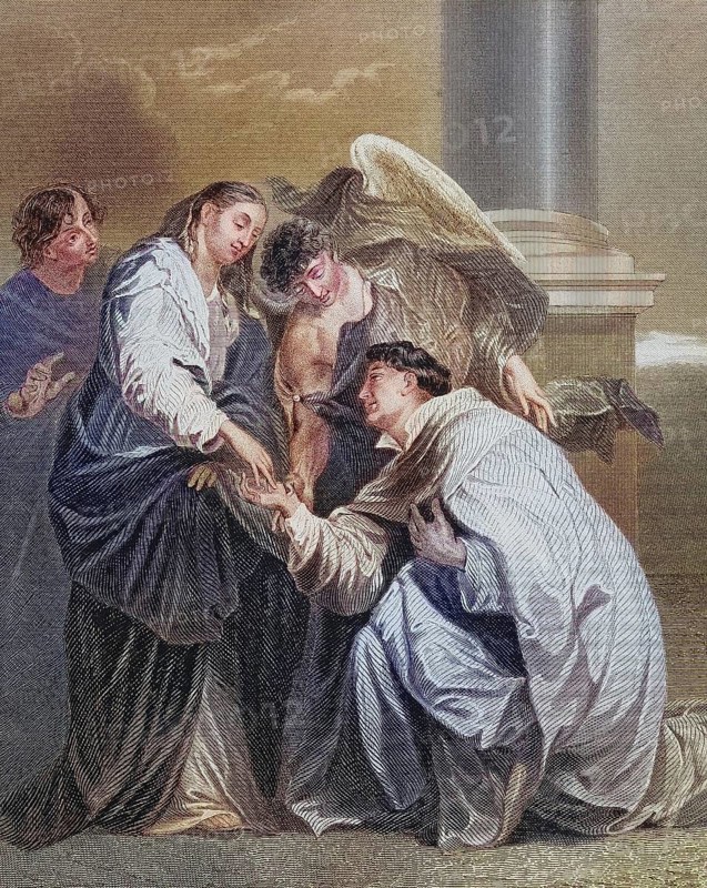 Mystic Hermann Joseph von Steinfeld (born around 1150 in Cologne, died 7 April 1241 or 1252 in Hoven Abbey near Zülpich) is a Catholic saint from the Premonstratensian Order, Vision of Blessed Hermann Joseph, 1630, after a painting by van Dyck, Emotional scene between angels and woman, embrace in historical surroundings, digitally restored reproduction of an old original, Historical, exact date unknown