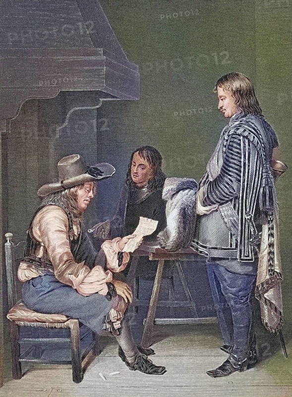 The orderly, a soldier on detachment to deliver orders, hands a letter to a man, Three men in period dress discussing a document, informal scene, after a painting by Metsu, digitally restored reproduction of an old original, Historical, exact date unknown