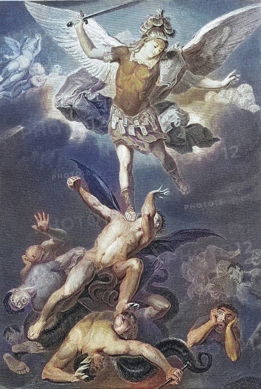 Satan's fall, 1655, The victory over hell by St Michael, Dramatic depiction of an angel fighting with swords, dynamic scene, Painting by Luca Giordano, Digitally restored reproduction of an old original, Historical, exact date unknown