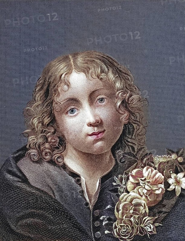 Jesus Christ as a boy, portrait of a child with curly hair and bouquet of flowers, gentle and dreamy atmosphere, after a painting by Carlo Dolci, digitally restored reproduction of an old original, historical, exact date unknown