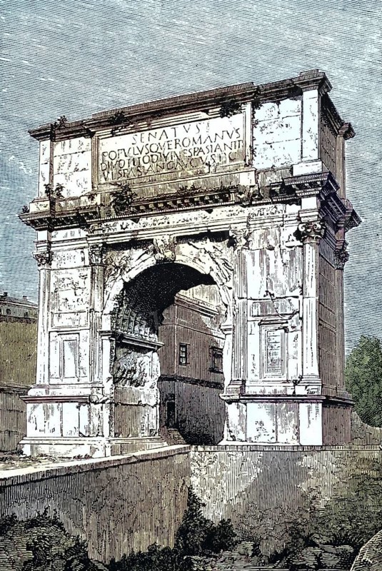 Arch of Titus, Arco di Tito, a single-gated triumphal arch on the Velia, a hill in Rome, Italy