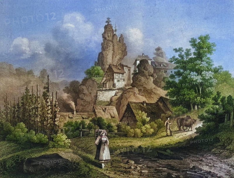 The rock castle in Tüchersfeld, around 1850, Franconian Switzerland, district of Bayreuth, Upper Franconia, Bavaria, Germany, digitally enhanced reproduction from a 19th century original, coloured, historical, exact date unknown