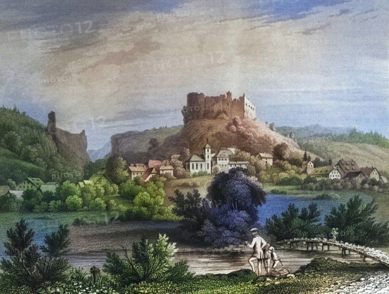 Ruins of Streitburg Castle, Streitberg, remains of a high medieval aristocratic castle above the village of Streitberg, Franconian Switzerland. District of Forchheim, Upper Franconia, Bavaria, Germany, digitally enhanced reproduction from a 19th century original, coloured, historical, exact date unknown