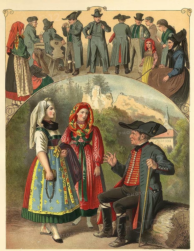 Traditional costumes from Franconian Switzerland, Upper Franconia, Bavaria, Germany, digitally enhanced reproduction from a 19th century original, coloured, historical, exact date unknown