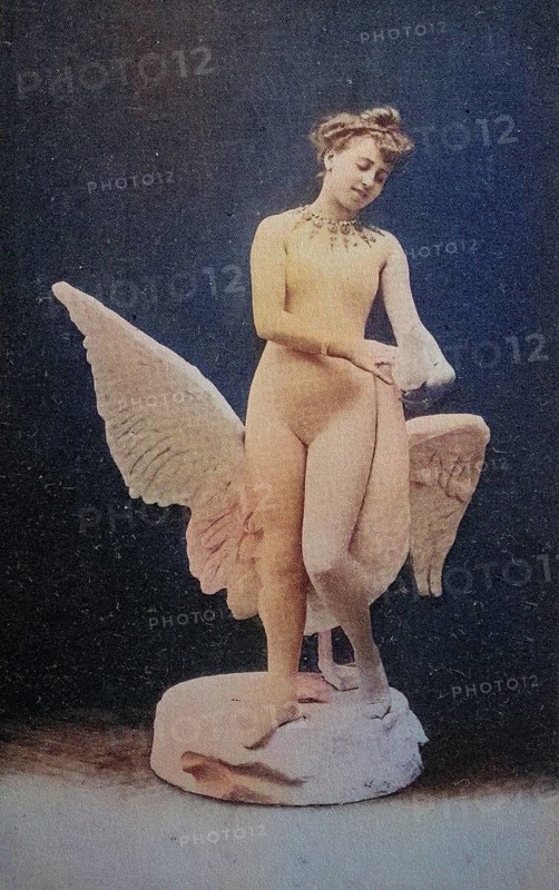 Female nude from around 1899, erotic postcard, Playgirl, A woman stands gracefully next to a swan in front of a dark background, coloured, reproduction of a photo from around the turn of the century, historical, digitally restored reproduction of an old original, exact date unknown