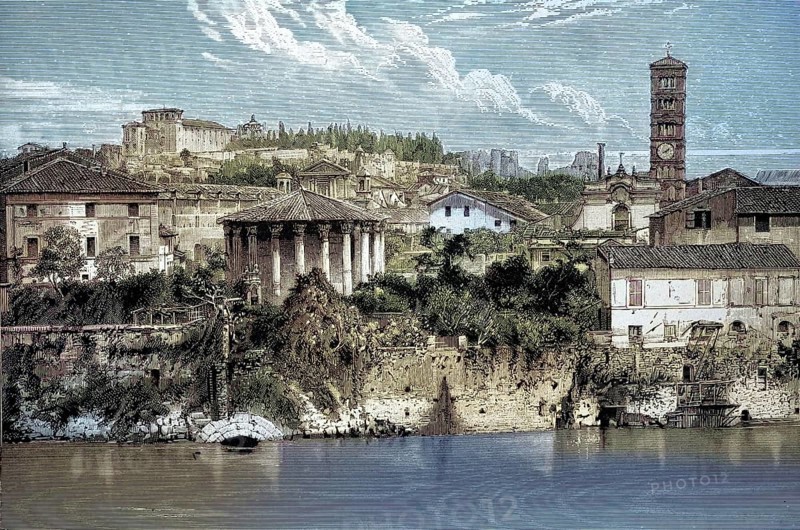 Temple of Hercules Victor and Cloaca Maxima, part of an ancient canal system in Rome, around 1850, Rome, Italy