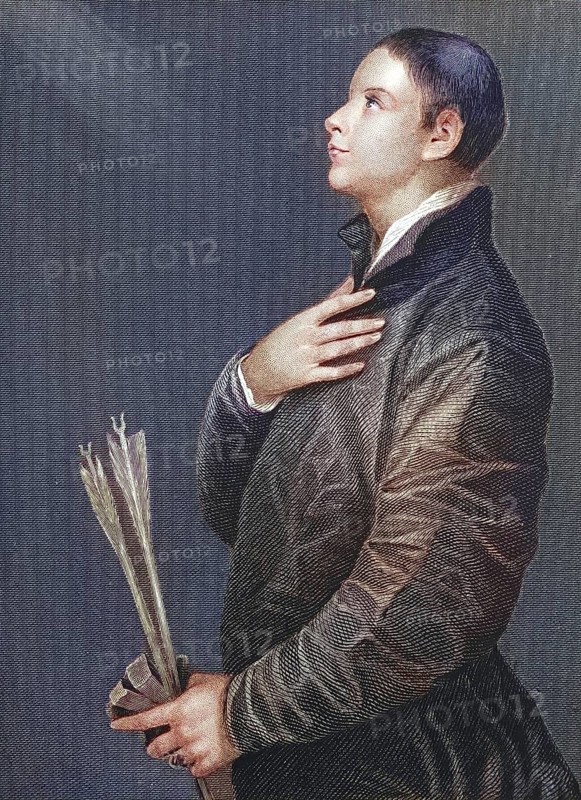 The Vow, after a painting by Titian, A young man in Renaissance style prays with arrows in his hand, illuminated by a ray of light