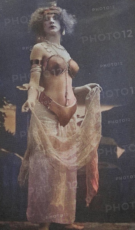 Female nude from around 1899, erotic postcard, playgirl, woman in an elaborate oriental costume in nostalgic colours on a stage, coloured, reproduction of a photo from around the turn of the century, historical, digitally restored reproduction of an old original, exact date unknown