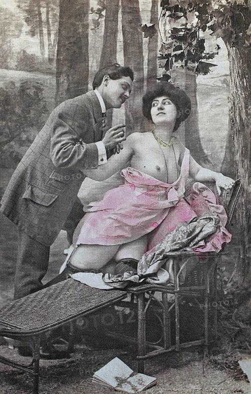 Female nude from around 1899, erotic postcard, playgirl, man striving for woman on a bench in a forest, both in vintage clothing, coloured, reproduction from a photo around the turn of the century, historical, digitally restored reproduction of an old original, exact date unknown