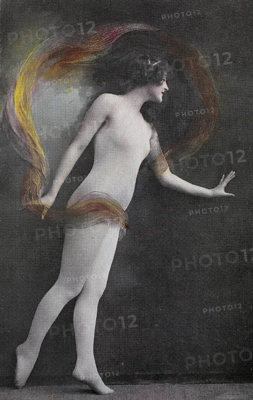 Female nude from around 1899, erotic postcard, Playgirl, A woman in a dancing pose, surrounded by moving, colourful lines, coloured, reproduction from a photo around the turn of the century, Historical, digitally restored reproduction of an old original, exact date unknown
