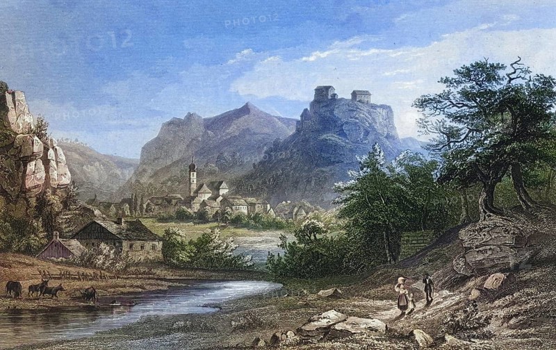 Castle and town of Pottenstein, climatic health resort, Franconian Switzerland, around 1850, district of Bayreuth, Upper Franconia, Bavaria, Germany, digitally enhanced reproduction from a 19th century original, coloured, historical, exact date unknown