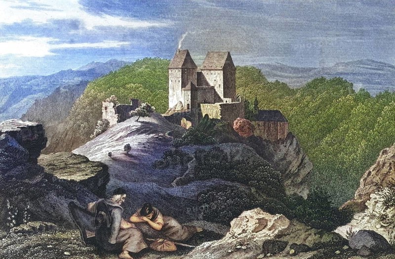 Rabeneck Castle, around 1850, high medieval noble castle, Franconian Switzerland, Bayreuth district, Upper Franconia, Bavaria, Germany, digitally enhanced reproduction from a 19th century original, coloured, historical, exact date unknown