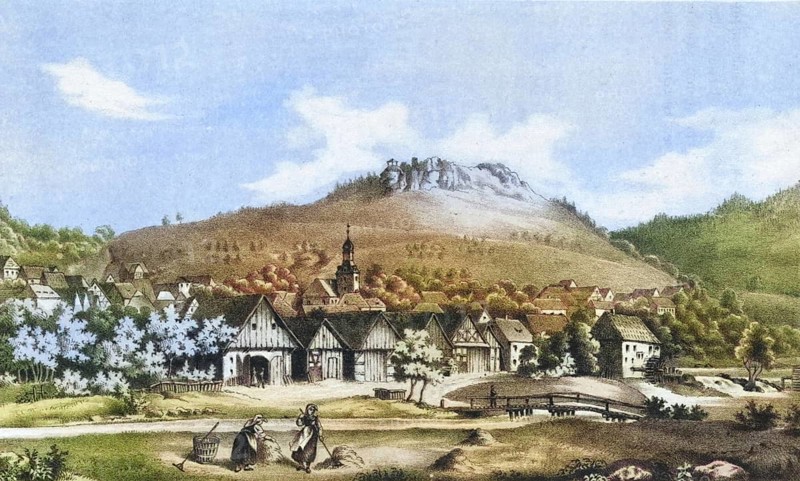Muggendorf, climatic health resort, around 1850, Franconian Switzerland, district of Forchheim, Upper Franconia, Bavaria, Germany, digitally enhanced reproduction from a 19th century original, coloured, historical, exact date unknown
