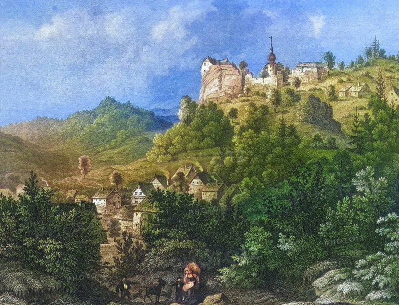 Wüstenstein Castle, Franconian Switzerland, around 1850, district of Forchheim, Upper Franconia, Bavaria, Germany, digitally enhanced reproduction from a 19th century original, coloured, historical, exact date unknown