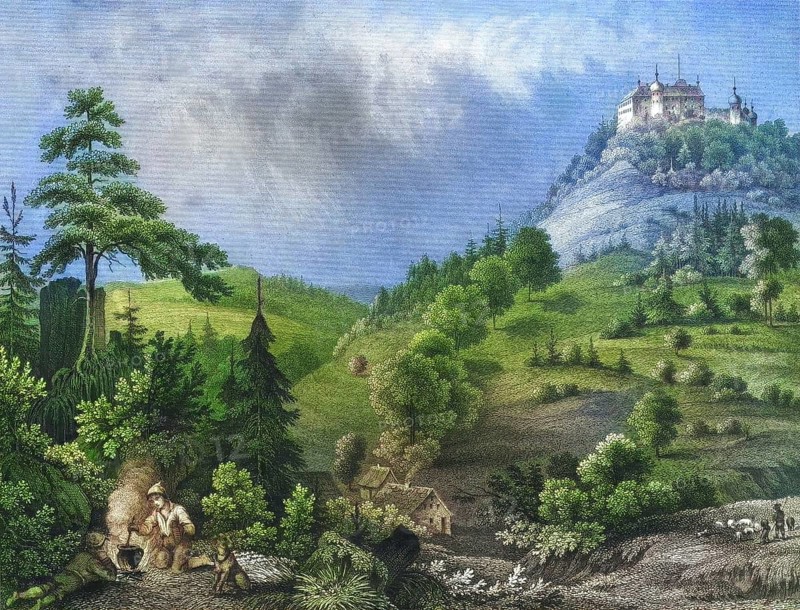 Greifenstein Castle around 1850, Franconian Switzerland, Heiligenstadt, district of Bamberg, Upper Franconia, Bavaria, Germany, digitally enhanced reproduction from a 19th century original, coloured, historical, exact date unknown