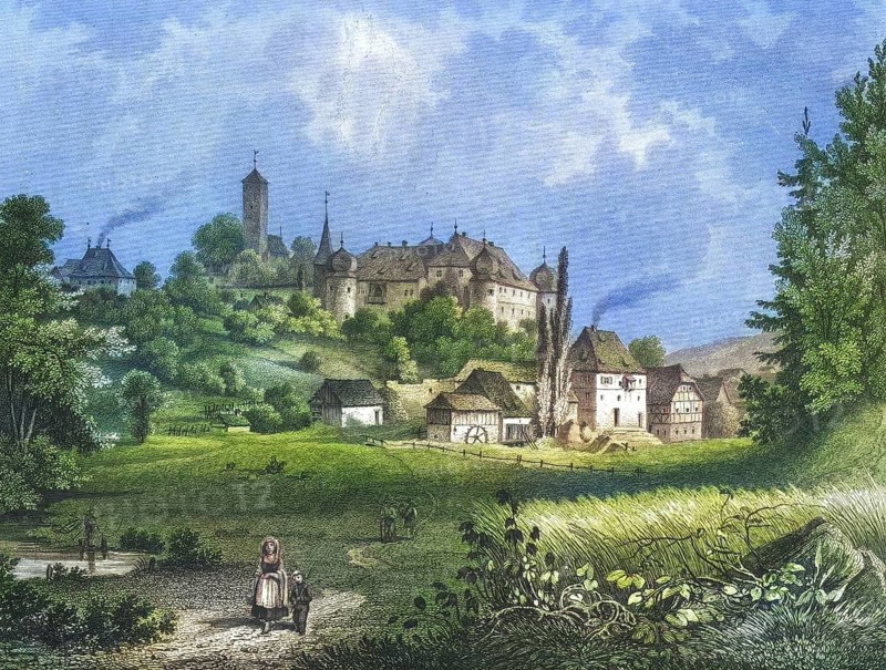 Burg Aufseß, Aufsess, Schloss Oberaufseß, Oberaufsess, around 1850, Franconian Switzerland, Bayreuth district, Upper Franconia, Bavaria, Germany, digitally enhanced reproduction from a 19th century original, coloured, historical, exact date unknown