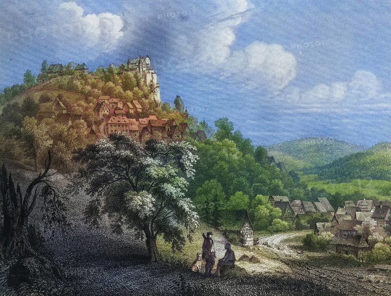 Eggloffstein castle and town around 1850, climatic health resort, Franconian Switzerland, district of Forchheim, Upper Franconia, Bavaria, Germany, digitally enhanced reproduction from a 19th century original, coloured, historical, exact date unknown